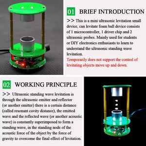 TJ-56-551 Unassemboled DIY Ultrasonic Levitation Kit Floating Standing Wave Control DIY Soldering Project Electronic Kit Acoustic Suspension 12V - shown as a green circular base with two vertical gold pillars, two ultrasonic probes, and floating foam balls.