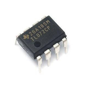 TL072 Dual Low-noise JFET-input General-purpose Operational Amplifier - a black 8-pin dual-in-line integrated circuit chip with silver metal pins, shown from an elevated angle on a white background.