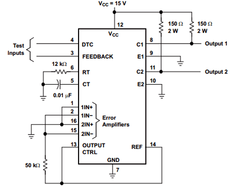 TL494 TL494C SOP-16 PWM Controller - a 16-pin integrated circuit connected to resistors, a capacitor, and test input and output terminals.