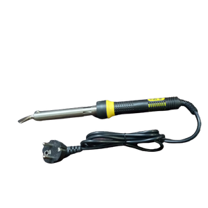 Tni-u 100W Electric High Temperature Soldering Iron Welding Gun TU-505B Right Angel Bit - a black and yellow soldering iron with an angled bit, a power cord, and a two-pin plug.