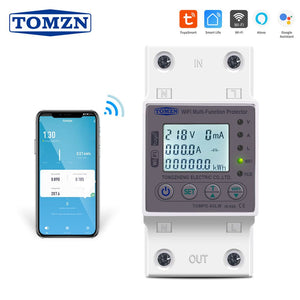 Tomzn 63A WiFi Smart Switch Tuya Energy Meter kWh Metering Circuit Breaker Timer With Voltage Current And Leakage Protection - shown with a white DIN-rail circuit breaker featuring a digital display, buttons, and a smartphone app interface.