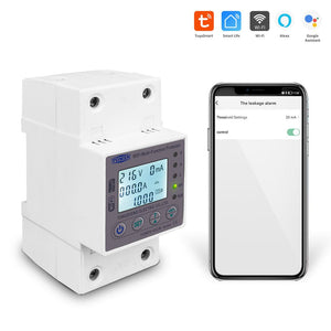 Tomzn 63A WiFi Smart Switch Tuya Energy Meter kWh Metering Circuit Breaker Timer With Voltage Current And Leakage Protection - a white DIN-rail device with an LCD displaying voltage and current next to a smartphone screen with leakage settings.