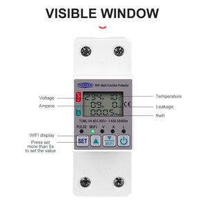 Tomzn Toml-va 63 WiFi Breaker Meter Switch Voltage Protector Timer Tuya Smart Life Measure v a Kw kWh Leak Electric Leakage Electric Suction - a white DIN-rail device with a digital display, four buttons, and labels for voltage, temperature, and current.