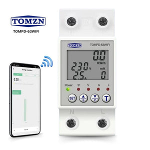 TOMZN TOMPD-63 WiFi Earth Leakage Smart Circuit Breaker - a white DIN-rail device with a digital display showing 230V and 2.5A, next to a smartphone showing energy data.