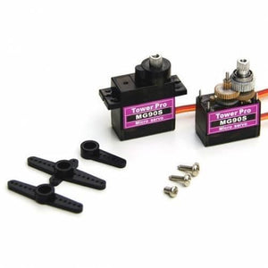 Towerpro MG90S Mini Digital 180 Degree Servo Motor 2.2kg 0.08sec 13G - with two black plastic casings, one with visible metal gears, plus three black plastic horns and three small metal screws.