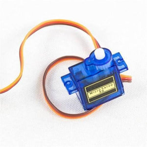 Towerpro SG90 Sg 90 180 Degree Servo Motor - a blue micro servo with a white rotating gear and a three-wire cable with an orange, red, and brown connector.