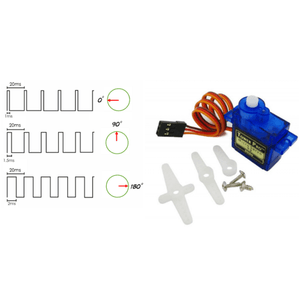 Towerpro SG90 Sg 90 180 Degree Servo Motor - shown with its blue plastic body, three-pin connector cable, three white plastic servo horns, screws, and a timing diagram.