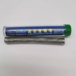 TP3131-88 Suoer 0.8mm Solder Wire 2 Meter - shown as a coil of silver wire placed in front of its cylindrical plastic storage tube with a green cap.