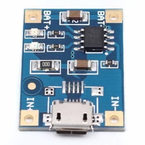 TP4056 Lithium Battery And 18650 Charger Module 1A 3.7V - a blue rectangular circuit board featuring a micro-USB port, two status LEDs, and labeled battery and input pads.