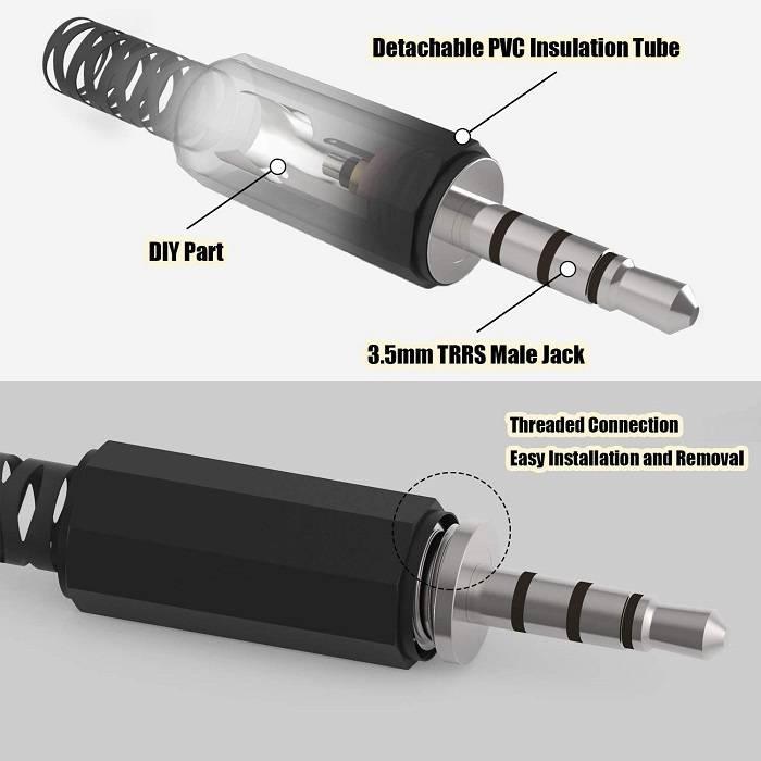 TRRS Male Plug 4 Pole 1/8’ 3.5mm Solder Type DIY Audio Cable Connector For Headphones Headset - shown in two views, highlighting the detachable PVC insulation tube, DIY internal parts, and threaded connection.