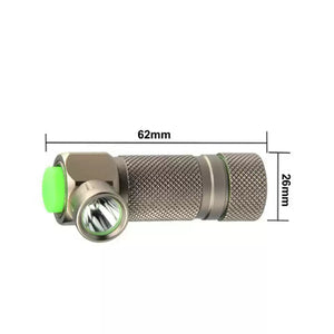 TrustFire Z1 Flashlight Cree XP-E 280 lumens 1XCR123A/16340 - a metallic right-angle flashlight with a green button and lens, shown in a dimension diagram indicating 62mm length and 26mm width.