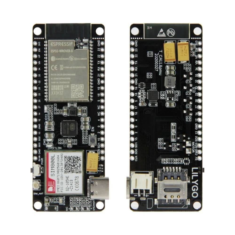 Ttgo T-call V1.4 ESP32 SIM800L GSM Module Upgraded Version Of V1.3 - the front and back of the black rectangular circuit board with a SIM slot, USB-C port, and antenna jack.