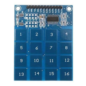 TTP229 16 Way Capacitive Touch Switch 4x4 Keypad Digital Touch Sensor Module - a blue rectangular board featuring 16 touch-sensitive numbered squares and a top pin header.
