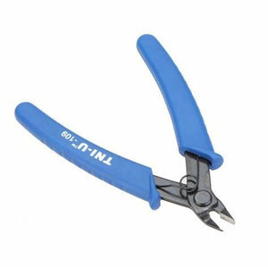 Tu-109 5 ’’ Electric Excellent Curved Cut Pliers Jewelry Fishing Pliers - TNI-U-109 pliers, a pair of blue-handled diagonal cutting pliers with a spring-loaded mechanism, shown against a white background.