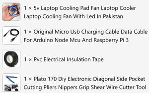 Turn CPU Fan Into Desk Fan OR USB Fan | DIY Science Project - a list of four items: a 5v LED cooling fan, a micro USB cable, a roll of PVC tape, and wire cutting pliers.