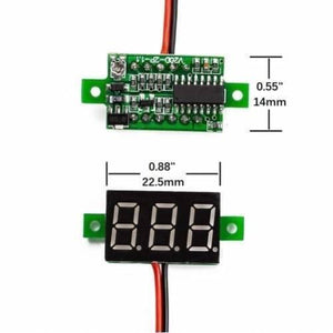 Two Wire 0.28 Inch LED Mini DC Voltmeter Digital Display Voltage Tester Meter - the front 3-digit LED screen and the rear green circuit board with red and black wires.