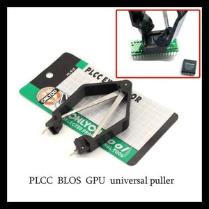 Ty-610 PLCC IC Circuit Board Extractor Tool Chip Pull Up Machine Clip - shown with its black plastic and metal puller on retail packaging and an inset demonstrating chip removal.