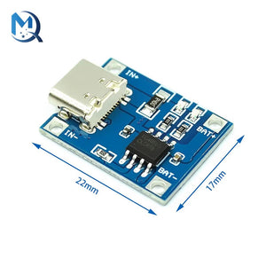 Type C 5V 1A TP4056 1s Lithium Battery Charger Module BMS - shown as a blue circuit board with a USB-C port, a black IC chip, and dimension markers.