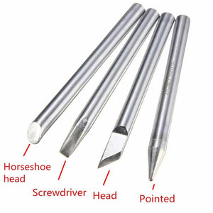 Type c For 60W Replaceable Internal Heating Electric Soldering Iron Bit - four silver metal soldering tips with horseshoe, screwdriver, and pointed heads.