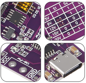 Type-C QC AFC PD2.0 PD3.0 to DC Fast Charging USB-PD Charger - the purple circuit board, USB-C port, dip switches, and voltage chart.