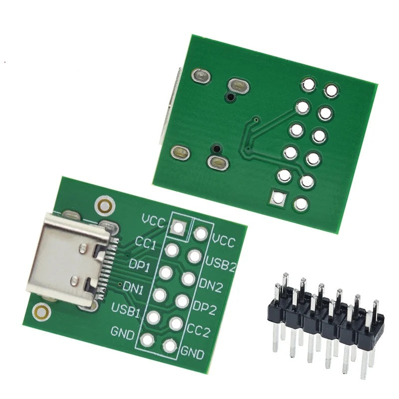 Type C USB Female To DIP PCB Breakout Board - two green circuit boards with USB-C ports and pin labels, alongside a separate header pin strip.