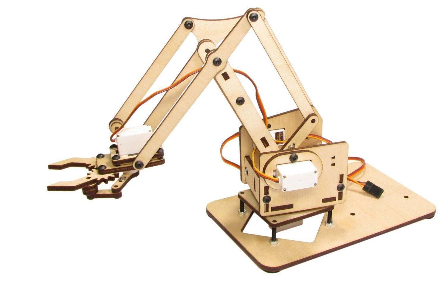 Unassembled 4dof Robotic Arm - a light brown wooden mechanical arm kit featuring four white servo motors, a claw gripper, and a flat base plate.
