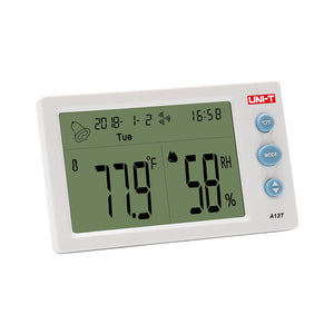 UNI-T A13T Digital Temperature & Humidity Meter – Indoor Hygrometer Thermometer, Comfort Level, Clock, Calendar, ℃/℉ - a white rectangular device showing 77.9°F, 58% RH, the date 2018-1-2, and three side control buttons.