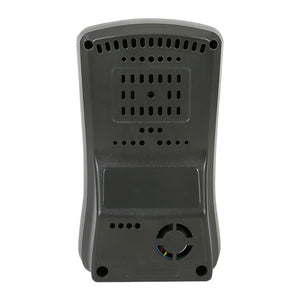 UNI-T A25D Air Quality Monitor – PM2.5, Formaldehyde (HCHO), Temperature & Humidity, Rechargeable Indoor Air Detector - rear view showing the dark grey plastic casing with ventilation slots, a recessed label area, and a circular fan intake.