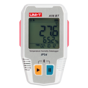 UNI-T A56BT Bluetooth Temperature & Humidity Datalogger – −40°C to 85°C, 0–100% RH, ±0.3°C, 64,000-Set Memory, TempLink App, PDF Export, IP54, 2-Year Battery - 27.6°C, 65.2% humidity, and 02:10:12 time on its display with orange play and blue pause buttons.