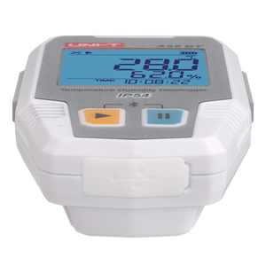 UNI-T A56BT Bluetooth Temperature & Humidity Datalogger – −40°C to 85°C, 0–100% RH, ±0.3°C, 64,000-Set Memory, TempLink App, PDF Export, IP54, 2-Year Battery - a white and grey device with a digital screen showing 28.0°C, 62.0% humidity, and a USB port cover at the base.
