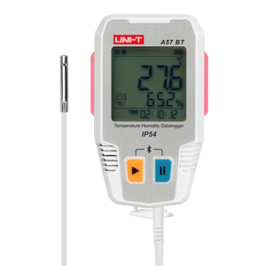 UNI-T A57BT Bluetooth Temperature & Humidity Datalogger with External Probe – −40°C to 85°C, 0–100% RH, ±0.3°C, 64,000-Set Memory, TempLink App, PDF Export, 2-Year Battery - white casing, orange play and blue pause buttons, showing 27.6°C and 65.2% RH on screen.