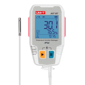 UNI-T A57BT Bluetooth Temperature & Humidity Datalogger with External Probe – −40°C to 85°C, 0–100% RH, ±0.3°C, 64,000-Set Memory, TempLink App, PDF Export, 2-Year Battery - a white and grey device with an external probe, a digital display reading 30.1°C and 76.5% RH, and two control buttons.