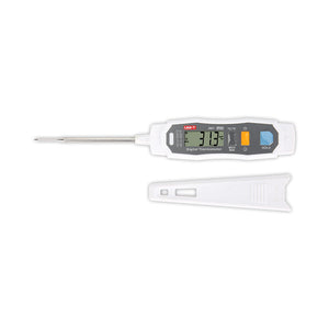 UNI-T A61 Digital Probe Thermometer – -40 to 250℃ Instant-Read, Food / Kitchen / BBQ Cooking Thermometer - a white handheld device with a metal probe, a digital display reading 31.3°C, and a separate white cover.