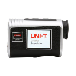 UNI-T LM1000A Laser Rangefinder – 1000 m, 6× Monocular, Golf & Hunting, Flagpole Lock, Slope / Speed / Angle, ±1 m - a black and silver handheld monocular with a side label and display screen showing the brand name and model number.