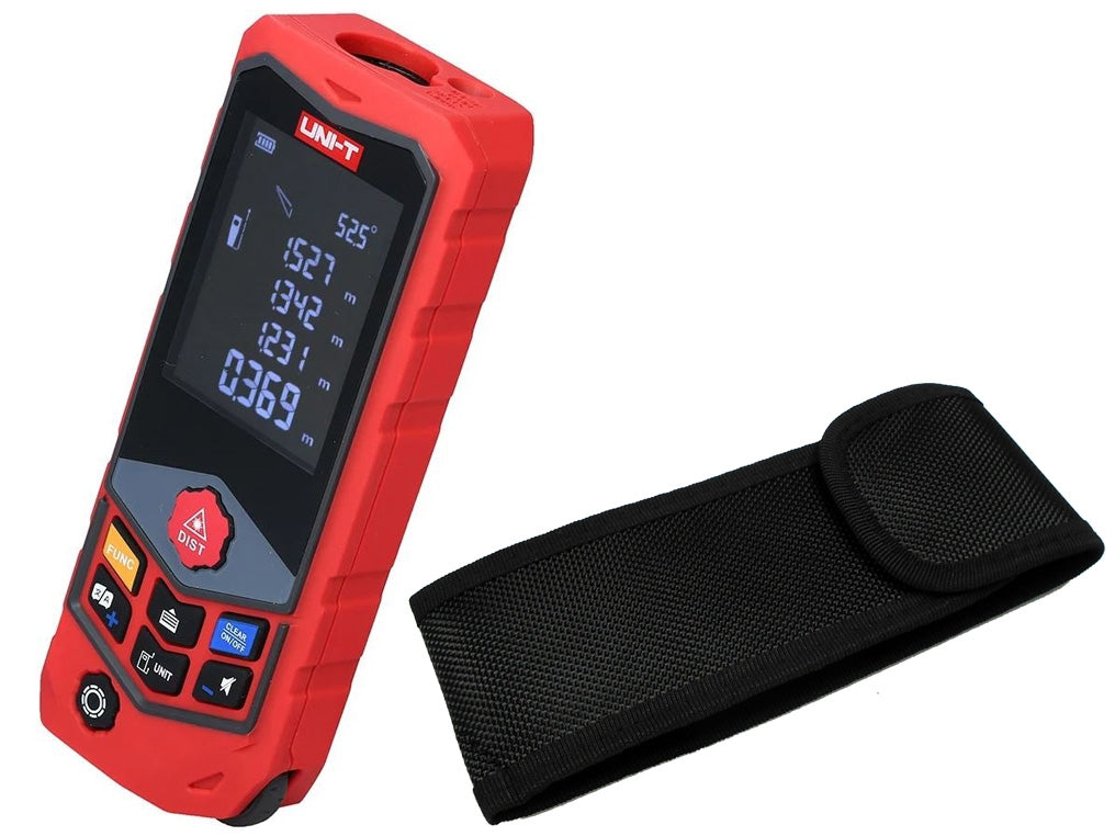 UNI-T LM100D 100 m laser distance meter angled view with carrying pouch