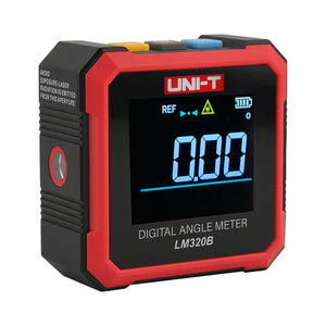 UNI-T LM320B Digital Laser Angle Meter – 4×90° Inclinometer, ±0.2° Accuracy, 0.01° Resolution, Two-Side Lasers, Four-Side Magnetic Base, EBTN Display, Type-C Rechargeable - a red and black square device with a digital screen showing 0.00, three top buttons, and a side laser aperture.