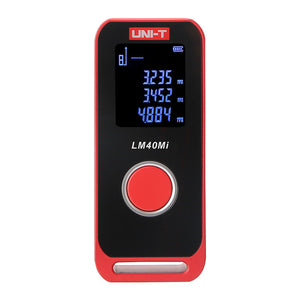 UNI-T LM40MI Mini Laser Distance Meter – 40 m, ±2 mm, Area / Volume / Pythagorean, USB-C Rechargeable, Pocket Laser Measure Tape - a digital display with measurements and a large red circular button on the front.