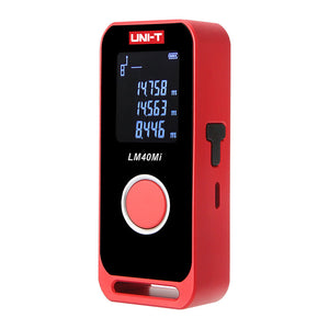 UNI-T LM40MI Mini Laser Distance Meter – 40 m, ±2 mm, Area / Volume / Pythagorean, USB-C Rechargeable, Pocket Laser Measure Tape - a digital screen with three measurements, a large circular button, and a side port.