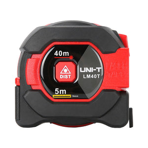 UNI-T LM40T Laser Tape Measure 2-in-1 – 40 m Laser + 5 m Steel Tape, ±2 mm, Area / Volume / Pythagorean, EBTN LCD, 20 Memory - a red and black compact tool featuring a central red button labeled DIST and markings for 40m laser and 5m tape range.