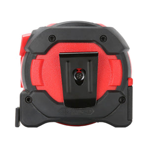 UNI-T LM40T Laser Tape Measure 2-in-1 – 40 m Laser + 5 m Steel Tape, ±2 mm, Area / Volume / Pythagorean, EBTN LCD, 20 Memory - a close-up rear view showing the red and black casing, a black metal belt clip, and four visible mounting screws.