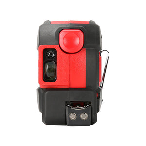 UNI-T LM40T Laser Tape Measure 2-in-1 – 40 m Laser + 5 m Steel Tape, ±2 mm, Area / Volume / Pythagorean, EBTN LCD, 20 Memory - a red and black device showing its laser lens, a large circular button, a belt clip, and a magnetic base.