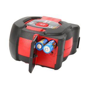 UNI-T LM40T Laser Tape Measure 2-in-1 – 40 m Laser + 5 m Steel Tape, ±2 mm, Area / Volume / Pythagorean, EBTN LCD, 20 Memory - shown from the side with its battery compartment cover open to reveal two inserted AAA batteries.