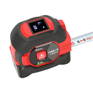 UNI-T LM40T Laser Tape Measure 2-in-1 – 40 m Laser + 5 m Steel Tape, ±2 mm, Area / Volume / Pythagorean, EBTN LCD, 20 Memory - a digital display reading 1.228m, a red DIST button, and an extended 5m steel measuring tape.