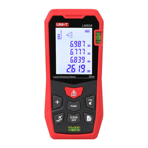UNI-T LM50A Laser Distance Meter – 50 m, ±2 mm, Area / Volume / Pythagorean, 99 Memory, 2.0" LCD, Bubble Level, Laser Measure Tape - a front view with a digital display, control buttons, and two integrated bubble levels.