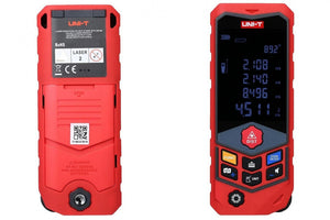 UNI-T LM50D laser measure front and rear showing battery compartment and Class 2 laser label