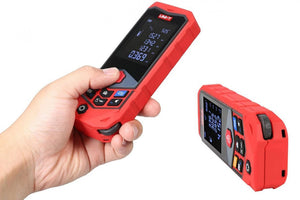 UNI-T LM50D laser distance meter held in hand for one-handed measurement