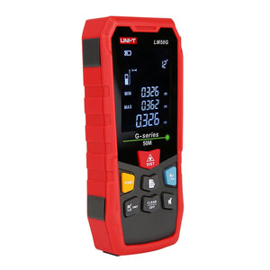 UNI-T LM50G Green Laser Distance Meter – 50 m, ±(2 mm+5×10⁻⁵·D), 515 nm Green Beam, Area / Volume / Pythagoras, Angle Sensor, 2.4" EBTN Display, Rechargeable - a digital display with measurements, a laser button, and function, unit, clear, and navigation buttons.