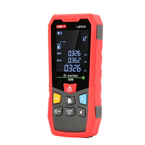 UNI-T LM50G Green Laser Distance Meter – 50 m, ±(2 mm+5×10⁻⁵·D), 515 nm Green Beam, Area / Volume / Pythagoras, Angle Sensor, 2.4" EBTN Display, Rechargeable - in a red and black casing with a digital display showing 0.326m, 0.362m, and 1.2°, and six front-facing control buttons.