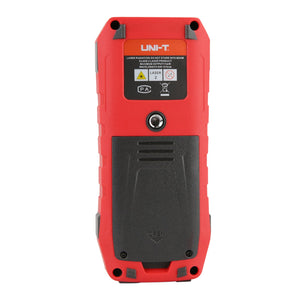 UNI-T LM50G Green Laser Distance Meter – 50 m, ±(2 mm+5×10⁻⁵·D), 515 nm Green Beam, Area / Volume / Pythagoras, Angle Sensor, 2.4" EBTN Display, Rechargeable - rear view showing the red casing, battery compartment cover, and a tripod mount hole.