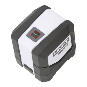 UNI-T LM570R-I Cross Line Laser Level – Red 1V1H, ±3 mm/10 m, Self-Leveling, 110° Lines, 15–30 m, Tripod Mount - a white and grey cubic device featuring a top button labeled LASER and branding on the side.